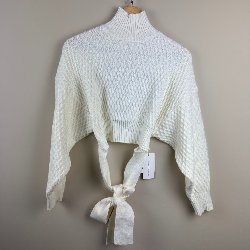 Commense Womens Textured‎ Knit Cropped Open Back Tie Sweater White XS